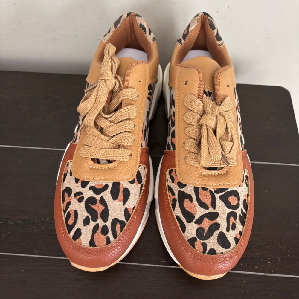 Womens Leopard Print Fashion Sneakers Size 41 | Tan Brown Animal Print Lace Up